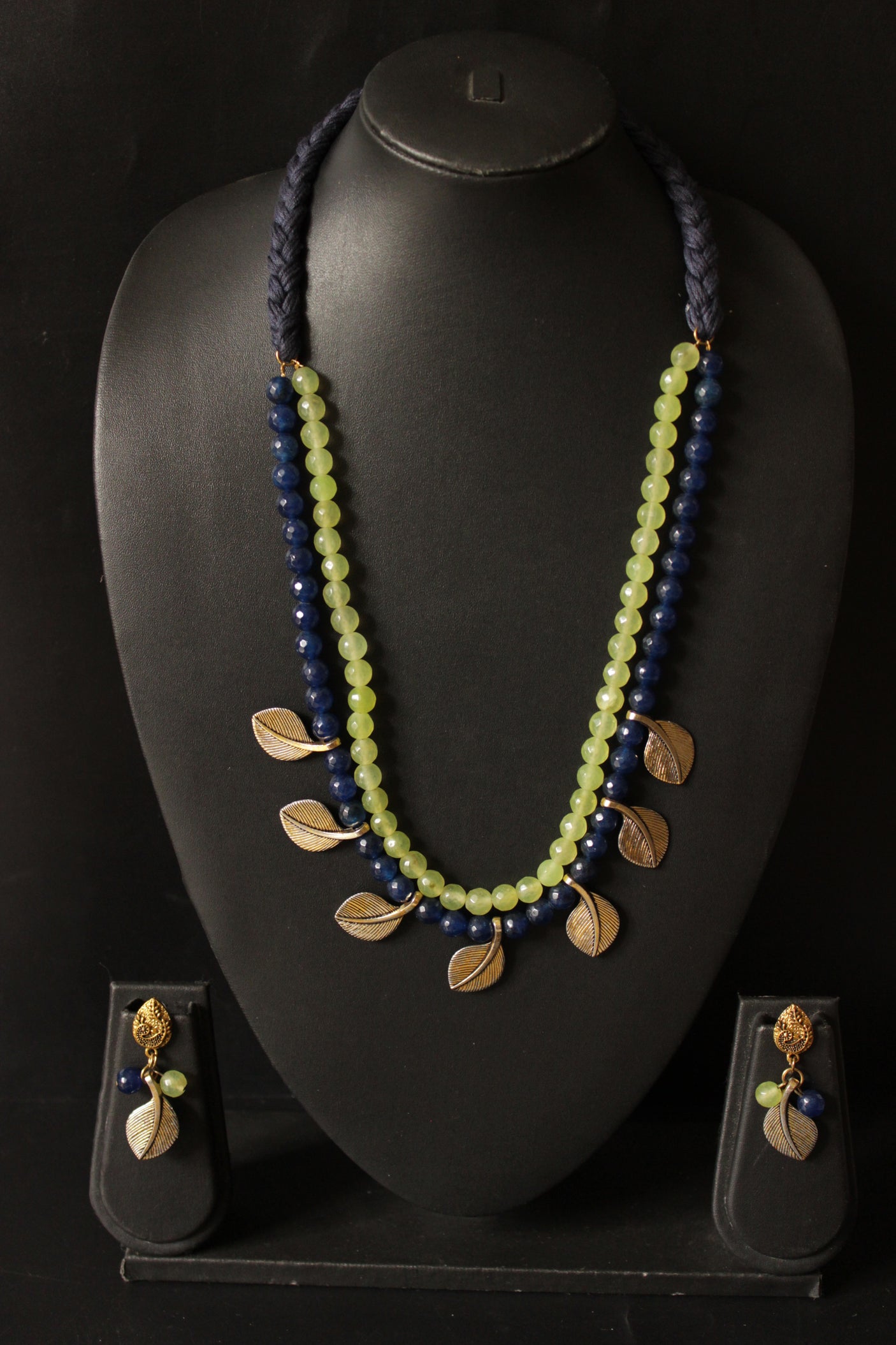 2 Layer Blue and Lemon Jade Beads Leaf Charms Necklace Set