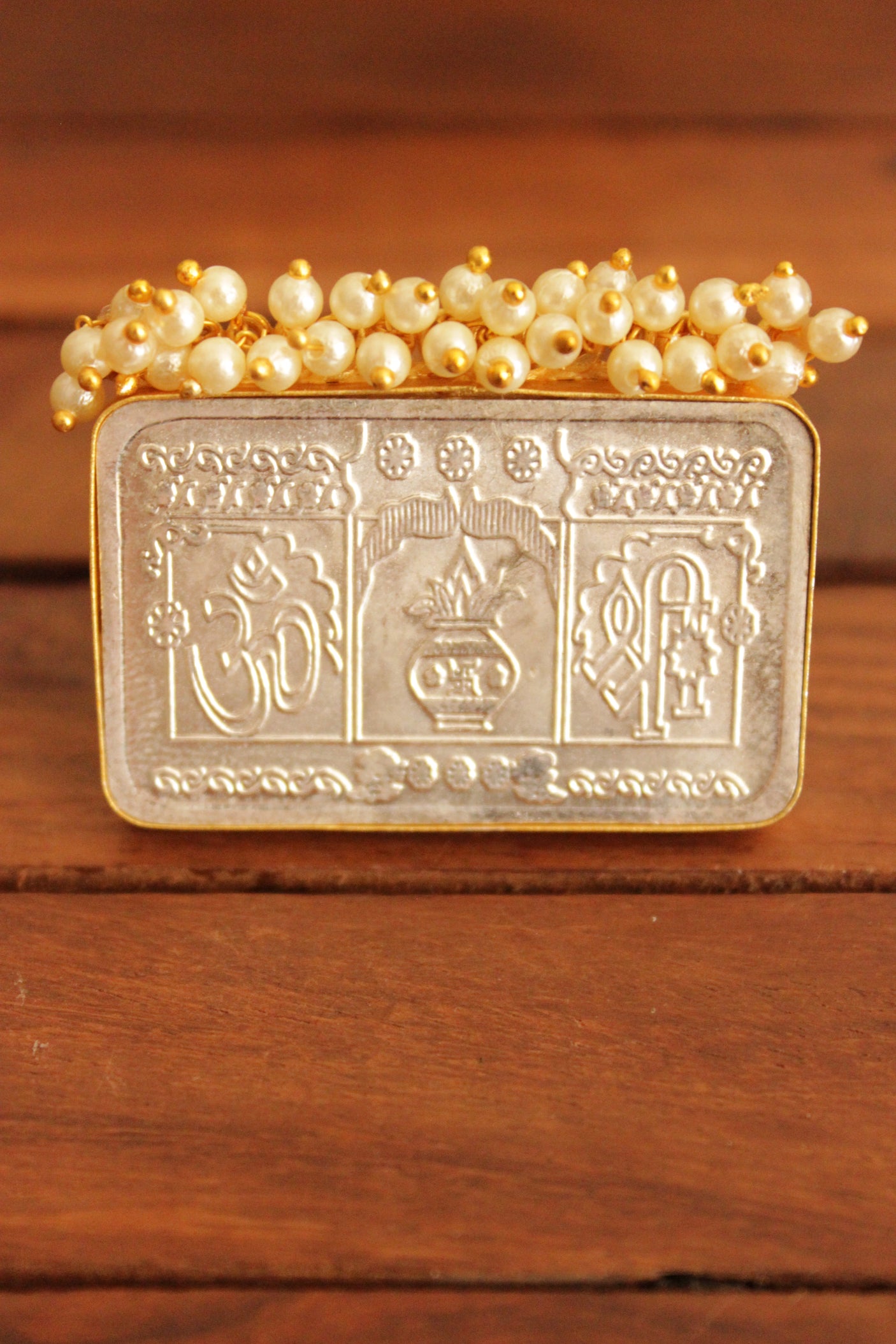 Om and Kalash Stamped Rectangular Silver Replica Adjustable Ring With White Beads