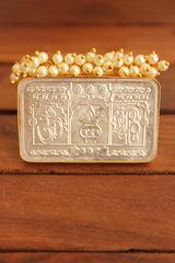 Om and Kalash Stamped Rectangular Silver Replica Adjustable Ring With White Beads