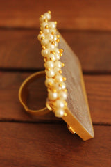 Om and Kalash Stamped Rectangular Silver Replica Adjustable Ring With White Beads