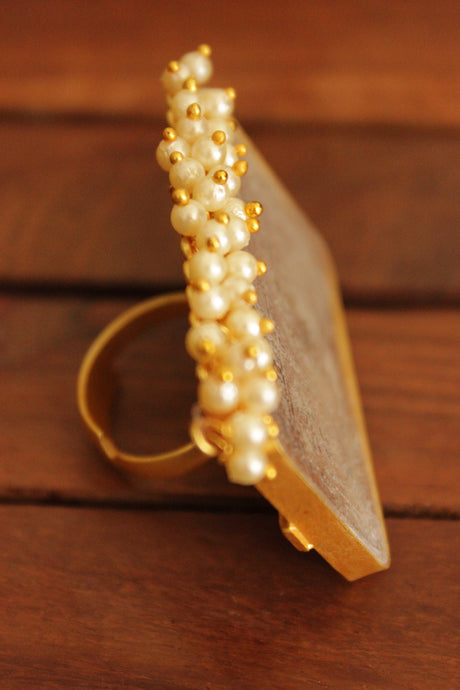 Om and Kalash Stamped Rectangular Silver Replica Adjustable Ring With White Beads