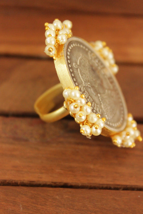 Queen Victoris Stamped Oval Silver Replica Adjustable Ring With White Beads