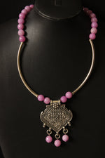 Load image into Gallery viewer, Pink Jade Beads Hasli Necklace Set
