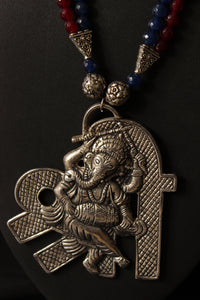Statement Ganesha Pendant Red and Blue Jade Beads Necklace