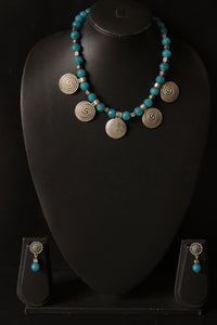 Turquoise Jade Beads Spiral Metal Charms Necklace Set