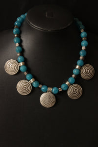 Turquoise Jade Beads Spiral Metal Charms Necklace Set