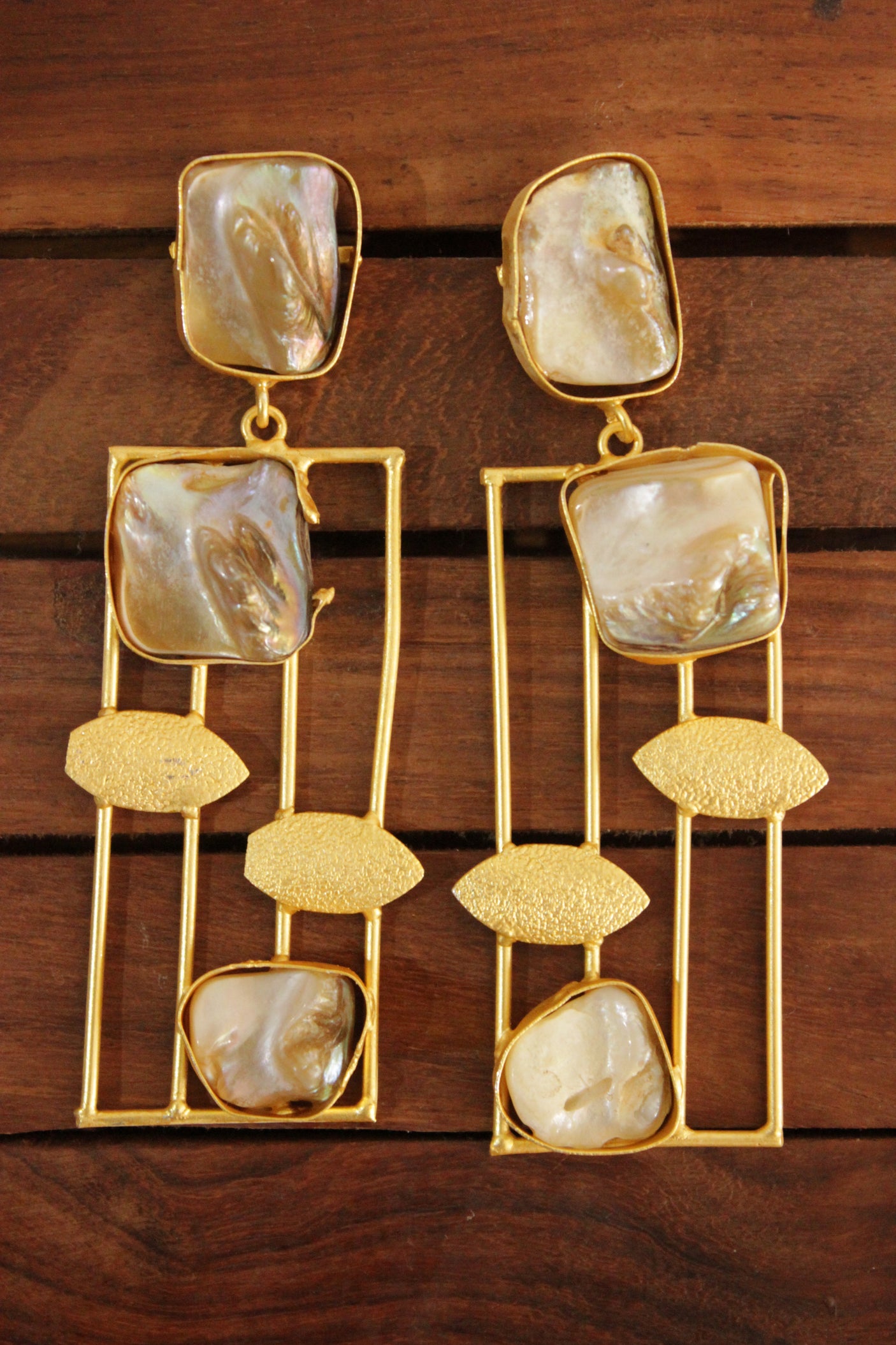 Vertical Bars Baroque Pearl Gemstones Embedded Gold Toned Brass Earrings