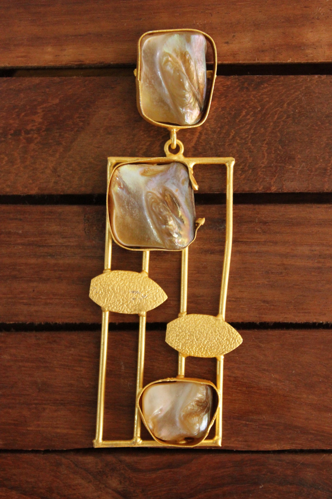 Vertical Bars Baroque Pearl Gemstones Embedded Gold Toned Brass Earrings