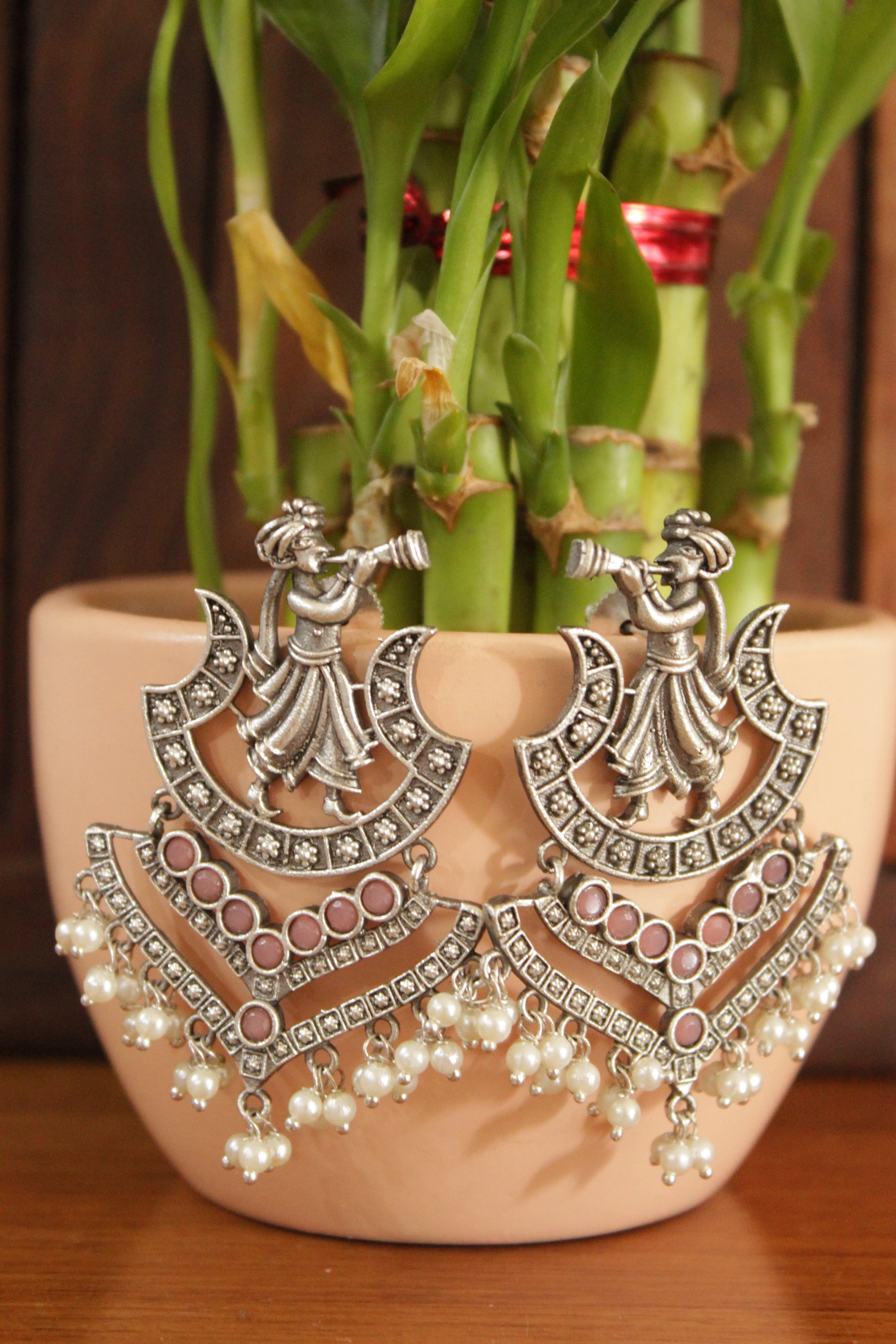 Peach Glass Stones Embedded Wedding Shehnai Motif Oxidised Finish Brass Earrings