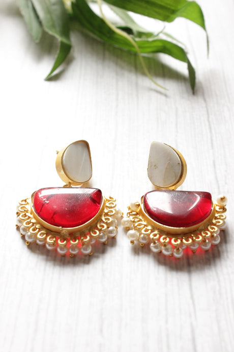 White and Red Natural Stone Embedded Brass Dangler Earrings
