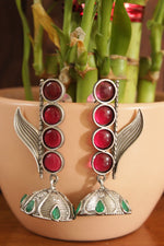 Load image into Gallery viewer, Red &amp; Green Glass Stem &amp; Leaf Motif Oxidised Finish Brass Earrings
