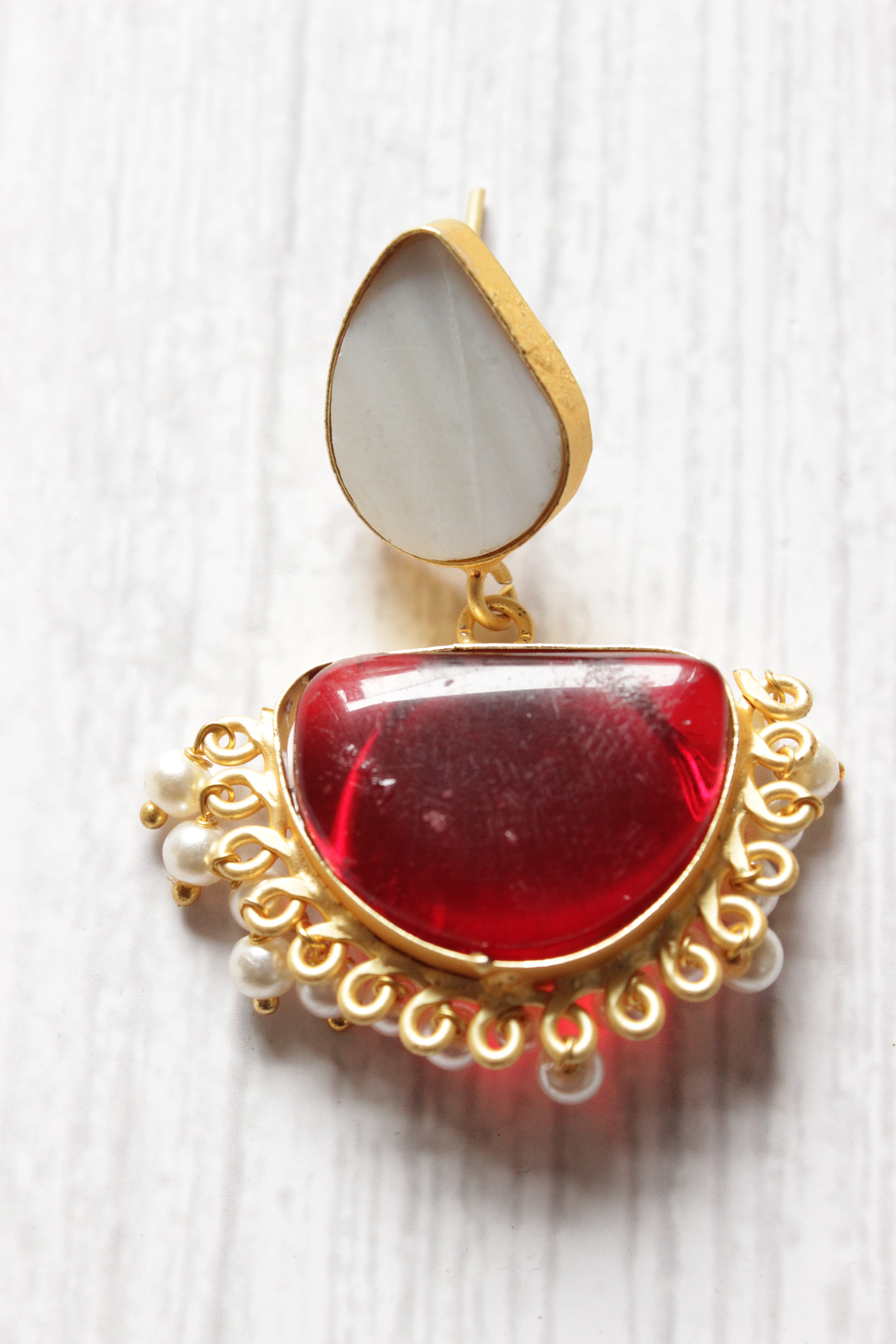 White and Red Natural Stone Embedded Brass Dangler Earrings