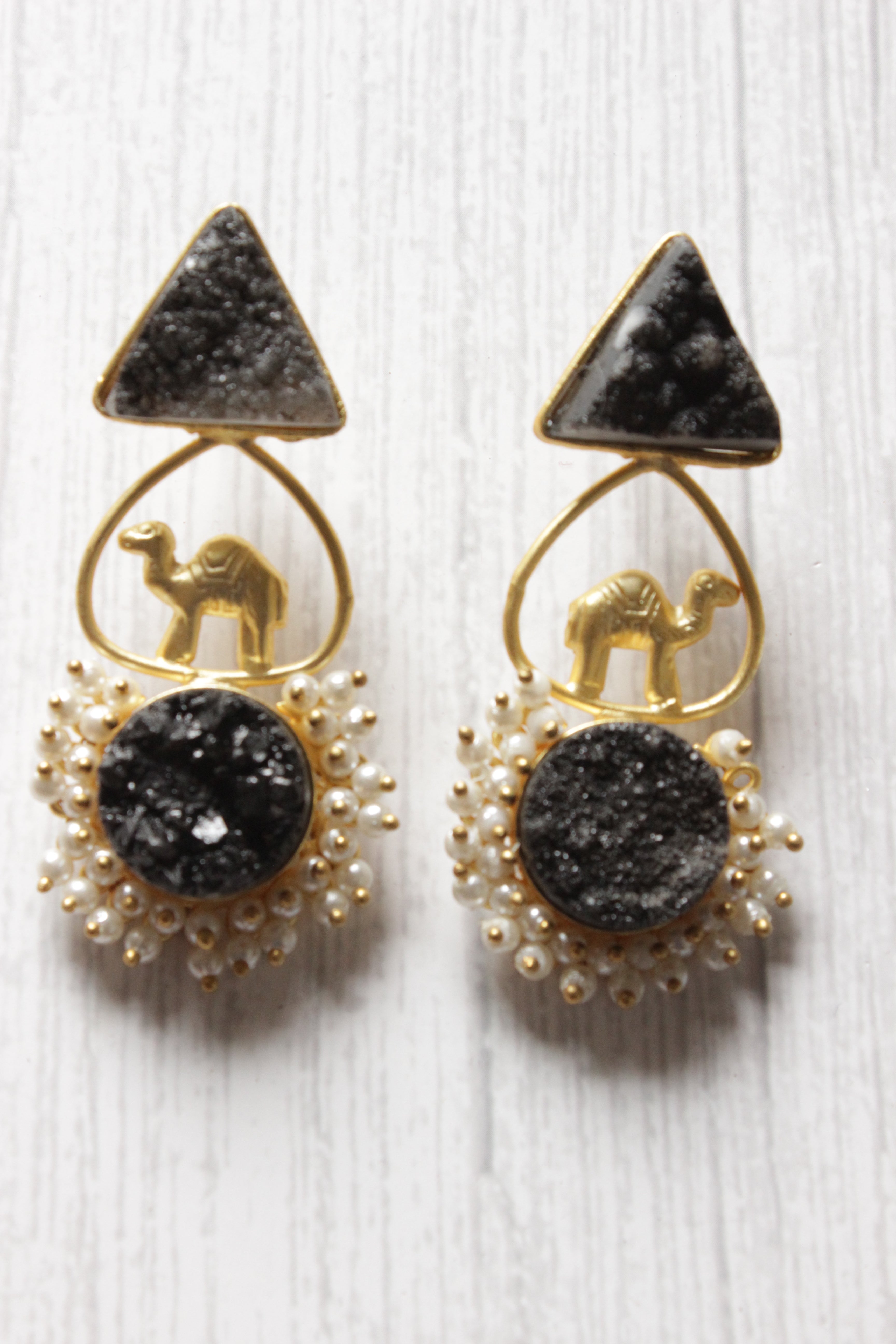 Black Natural Druzy Stone Embedded Brass Dangler Earrings