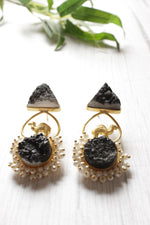 Load image into Gallery viewer, Black Natural Druzy Stone Embedded Brass Dangler Earrings
