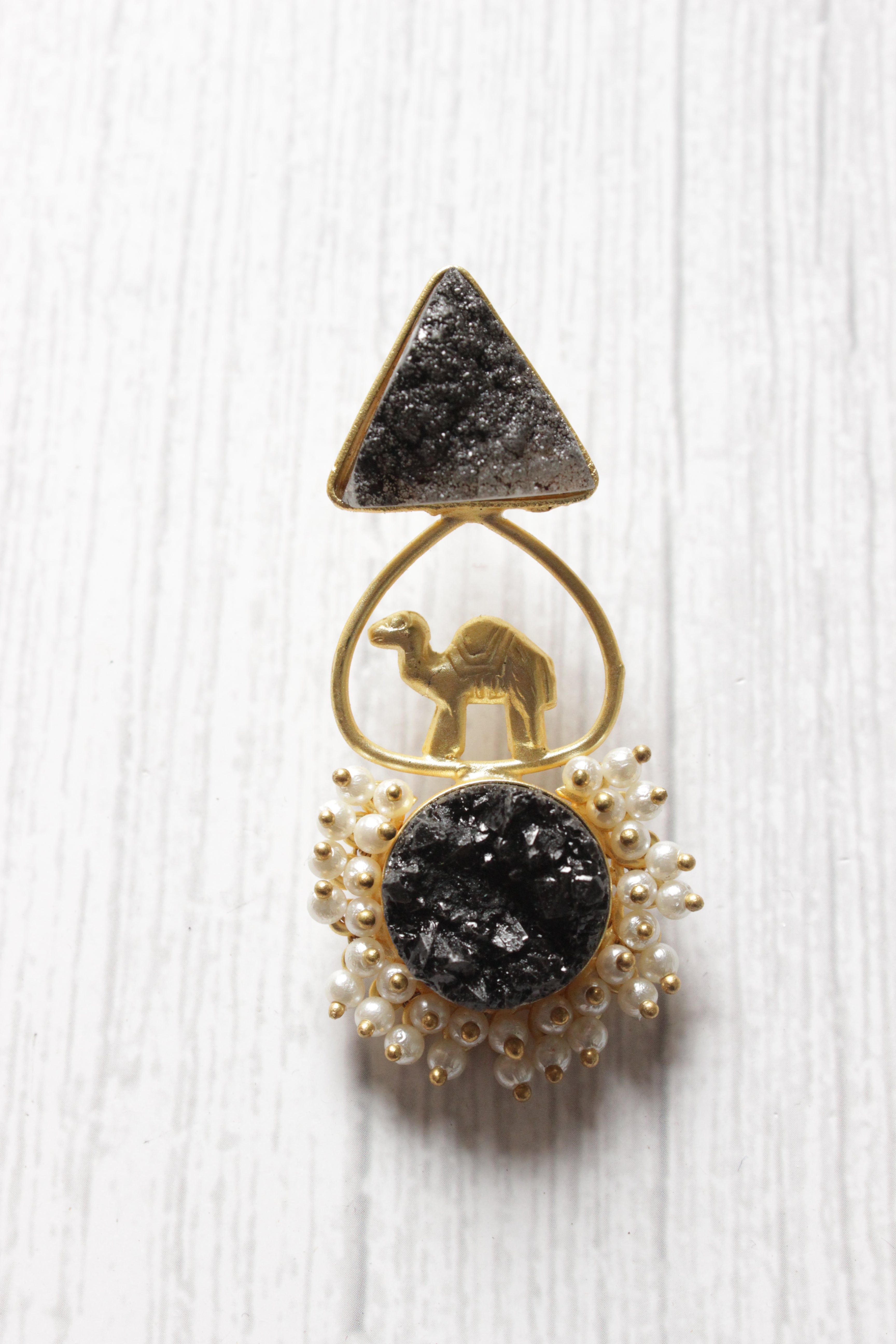 Black Natural Druzy Stone Embedded Brass Dangler Earrings