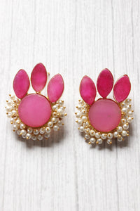 Pink Natural Stone Embedded Flower Motif Brass Earrings