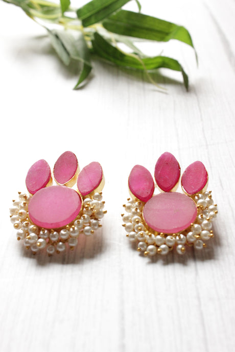 Pink Natural Stone Embedded Flower Motif Brass Earrings