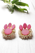 Load image into Gallery viewer, Pink Natural Stone Embedded Flower Motif Brass Earrings
