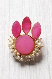 Pink Natural Stone Embedded Flower Motif Brass Earrings
