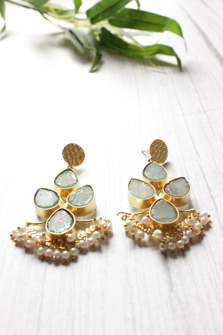 Sea Green Natural Stone Embedded Brass Dangler Earrings