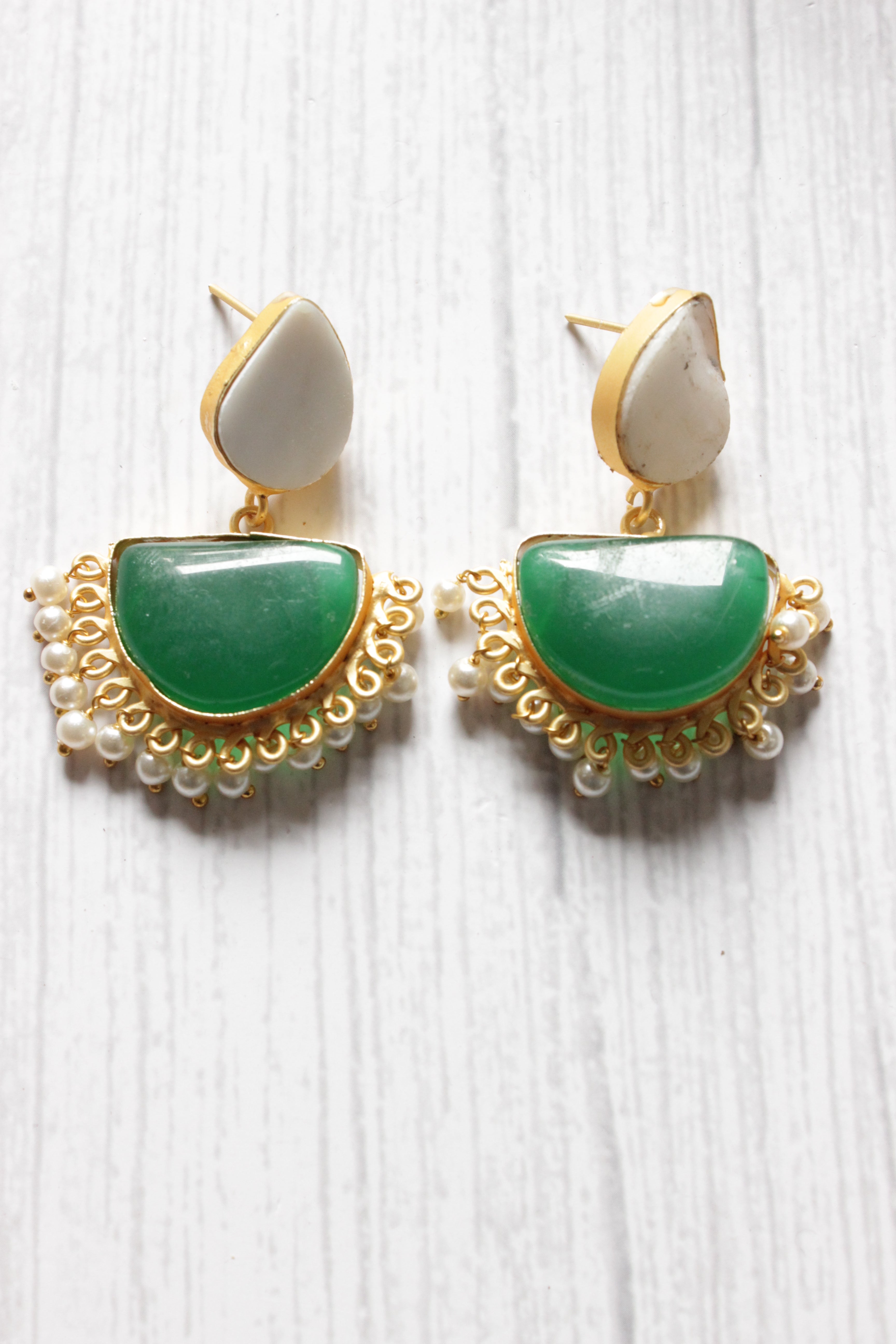 White and Green Natural Stone Embedded Brass Dangler Earrings
