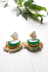 White and Green Natural Stone Embedded Brass Dangler Earrings