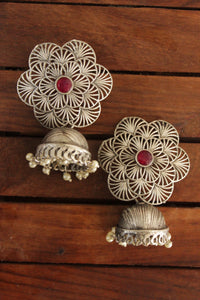 Detailed Jaali Pattern Flower Stud Silver Finish Jhumka Earrings with Red Center Stone