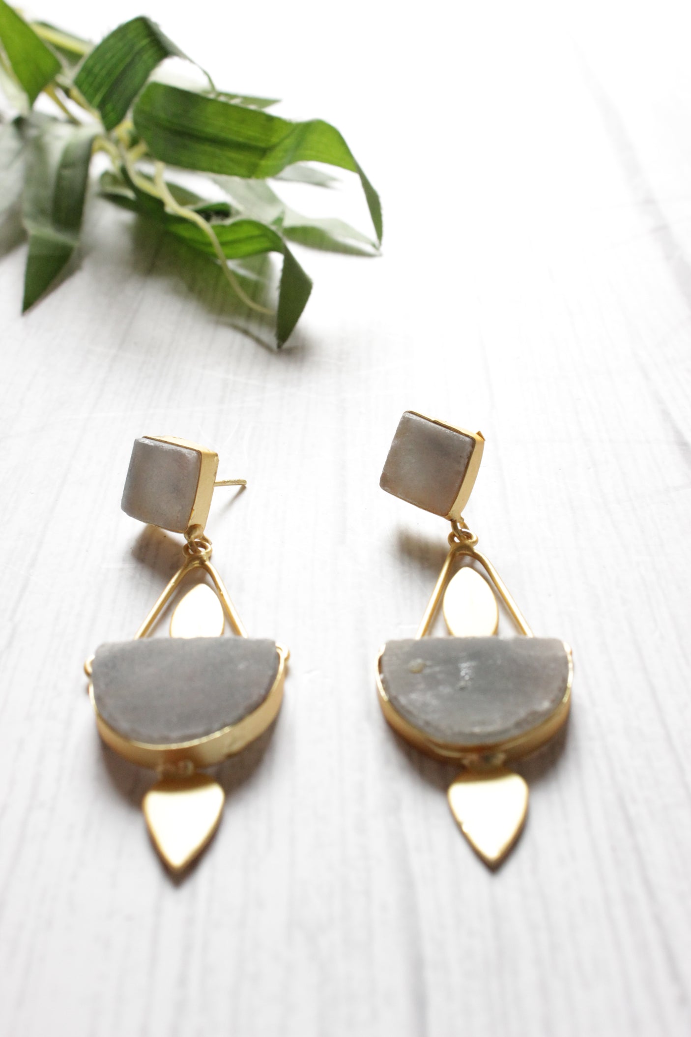 Grey Natural Stones Embedded Brass Dangler Earrings