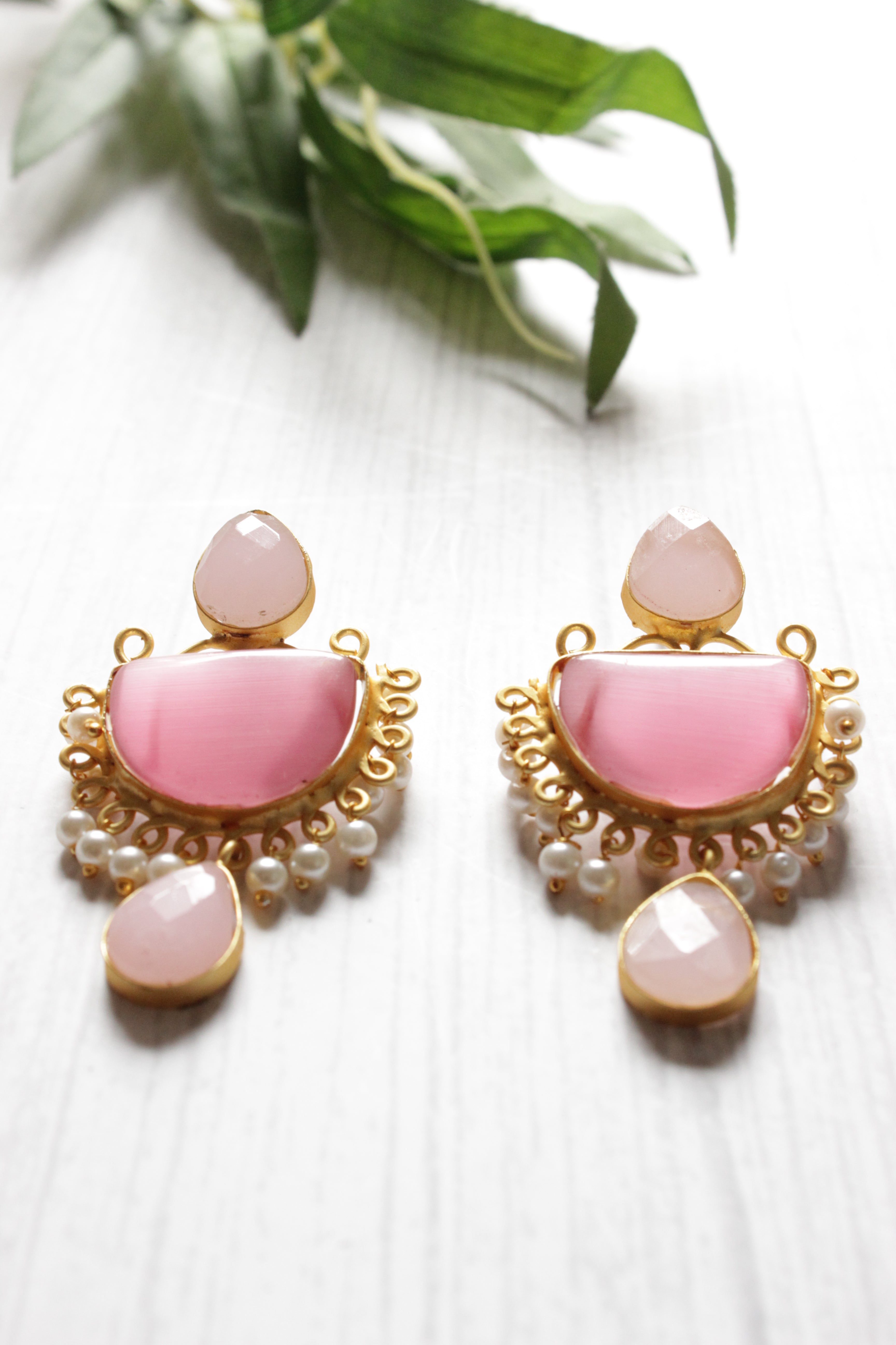 Pink Natural Stones Embedded Brass Dangler Earrings