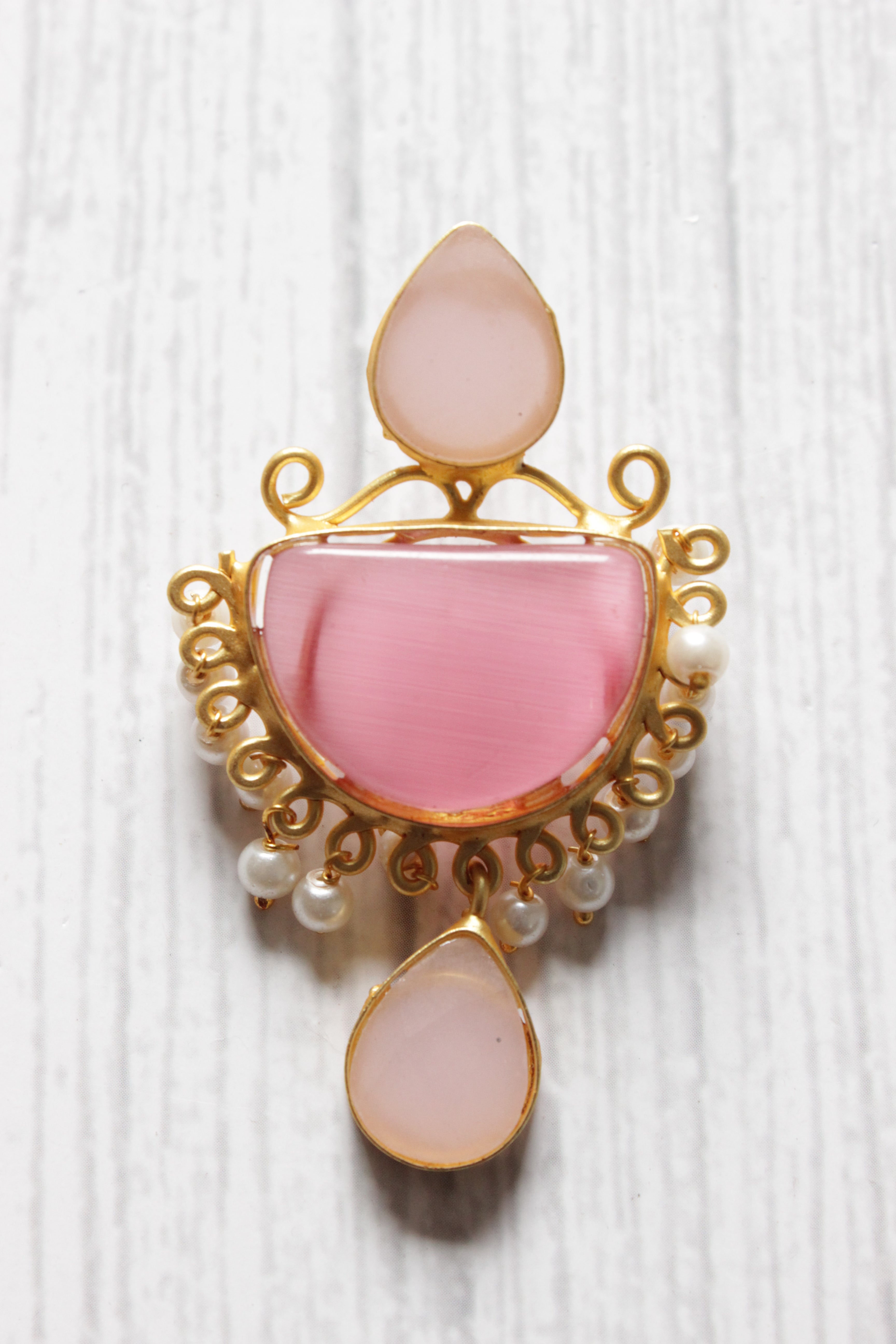 Pink Natural Stones Embedded Brass Dangler Earrings