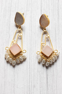 Grey and Baby Pink Natural Stones Embedded Long Brass Dangler Earrings