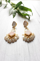 Grey and Baby Pink Natural Stones Embedded Long Brass Dangler Earrings