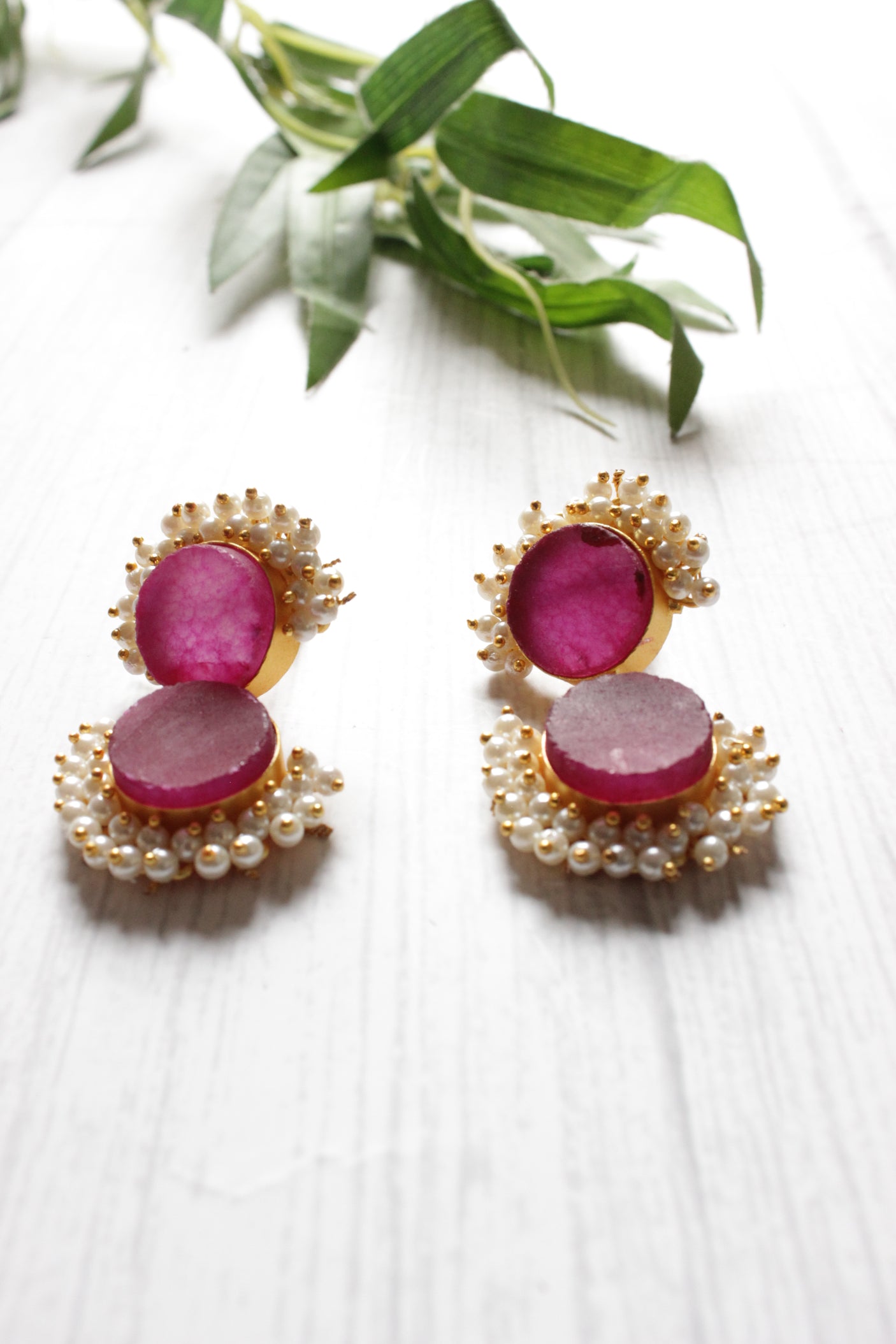 Fuchsia Natural Stones Embedded Brass Dangler Earrings
