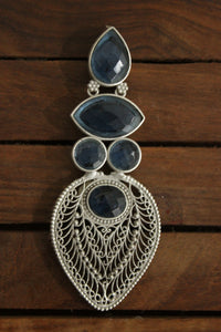 Blue Onyx Natural  Gemstones Embedded Paan Motif Silver Finish Brass Dangler Earrings