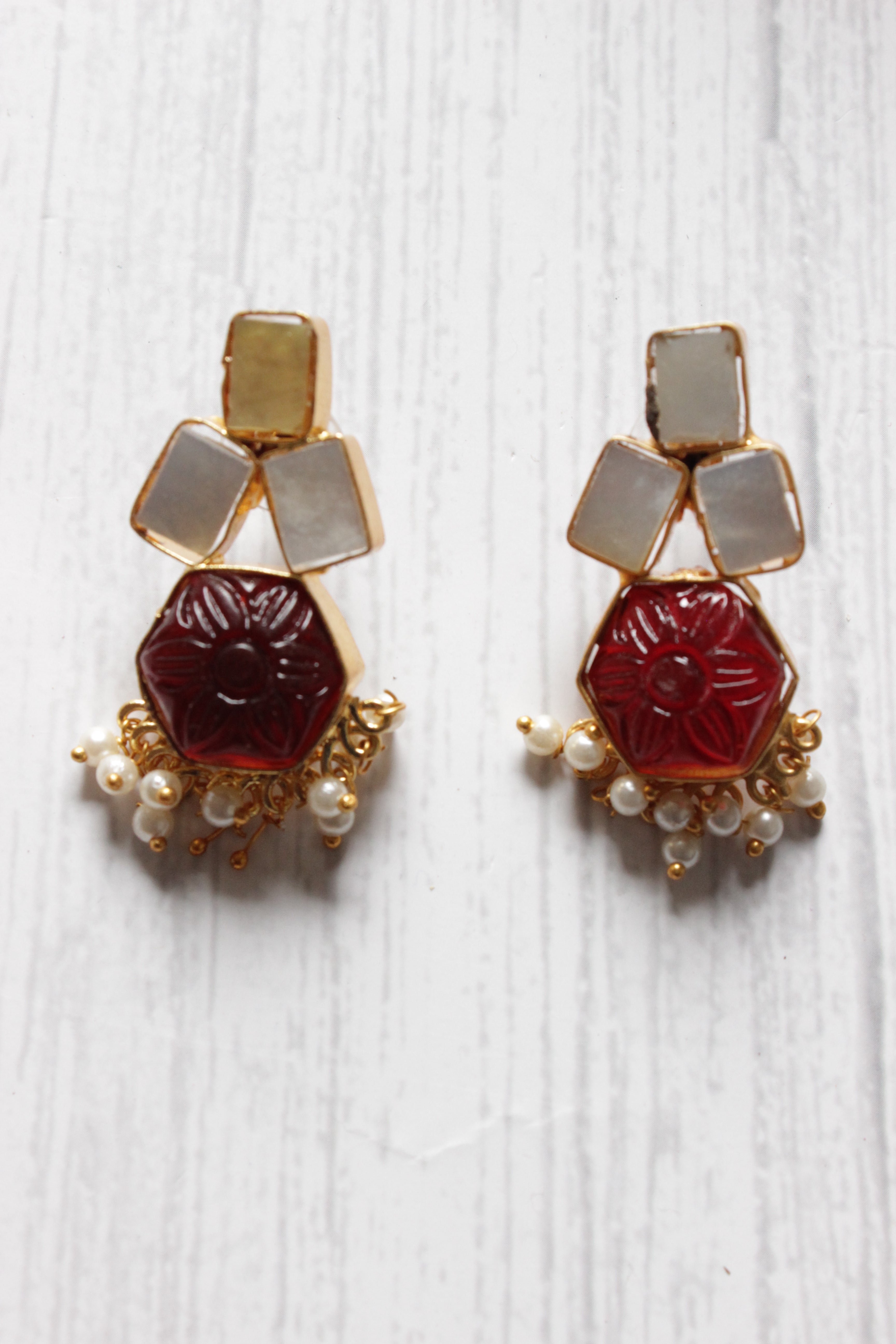 Ivory and Red Natural Stones Embedded Brass Dangler Earrings