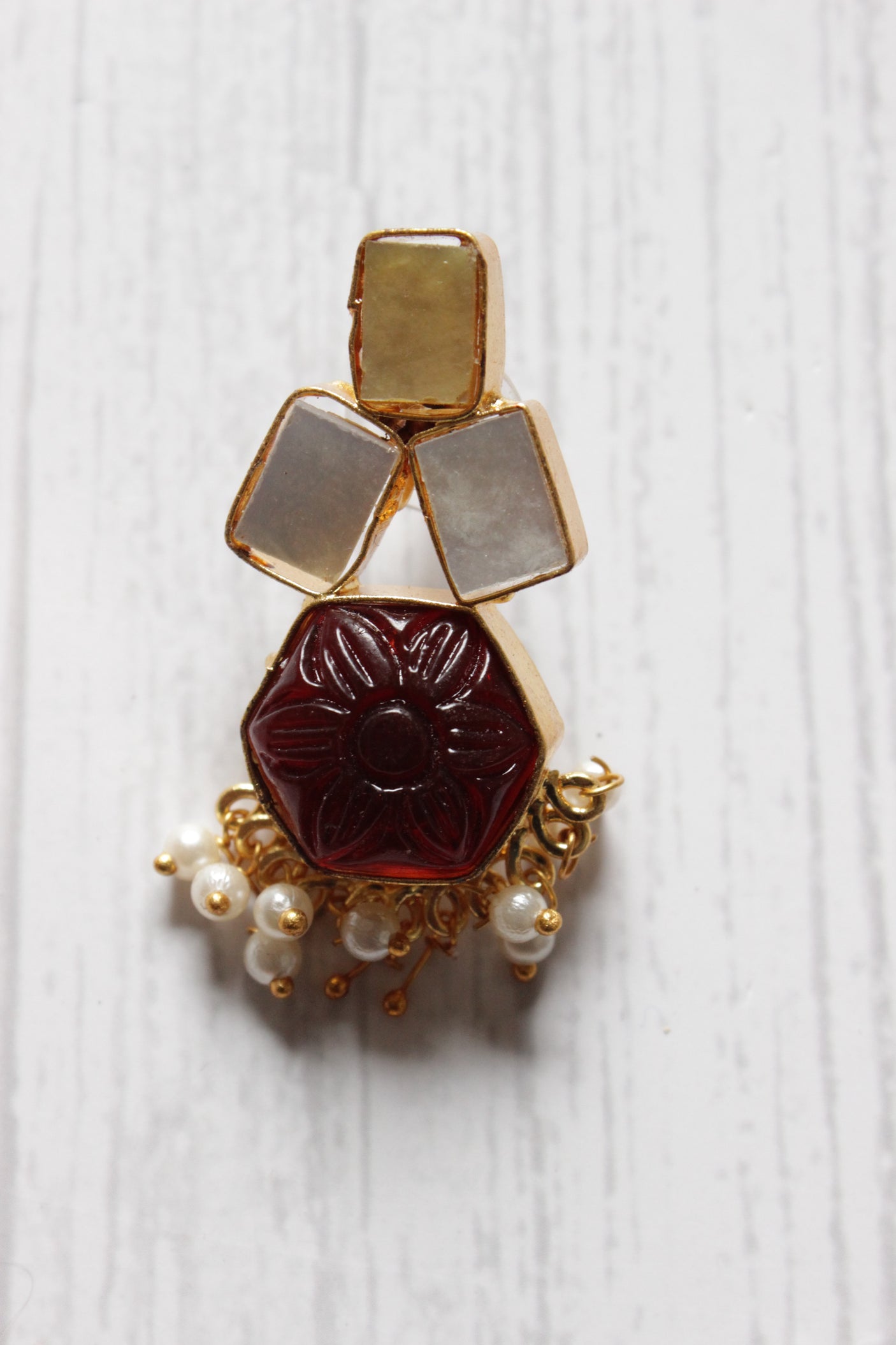 Ivory and Red Natural Stones Embedded Brass Dangler Earrings