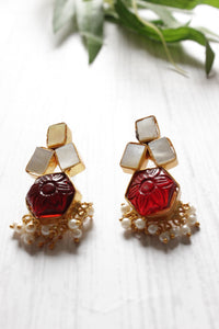 Ivory and Red Natural Stones Embedded Brass Dangler Earrings