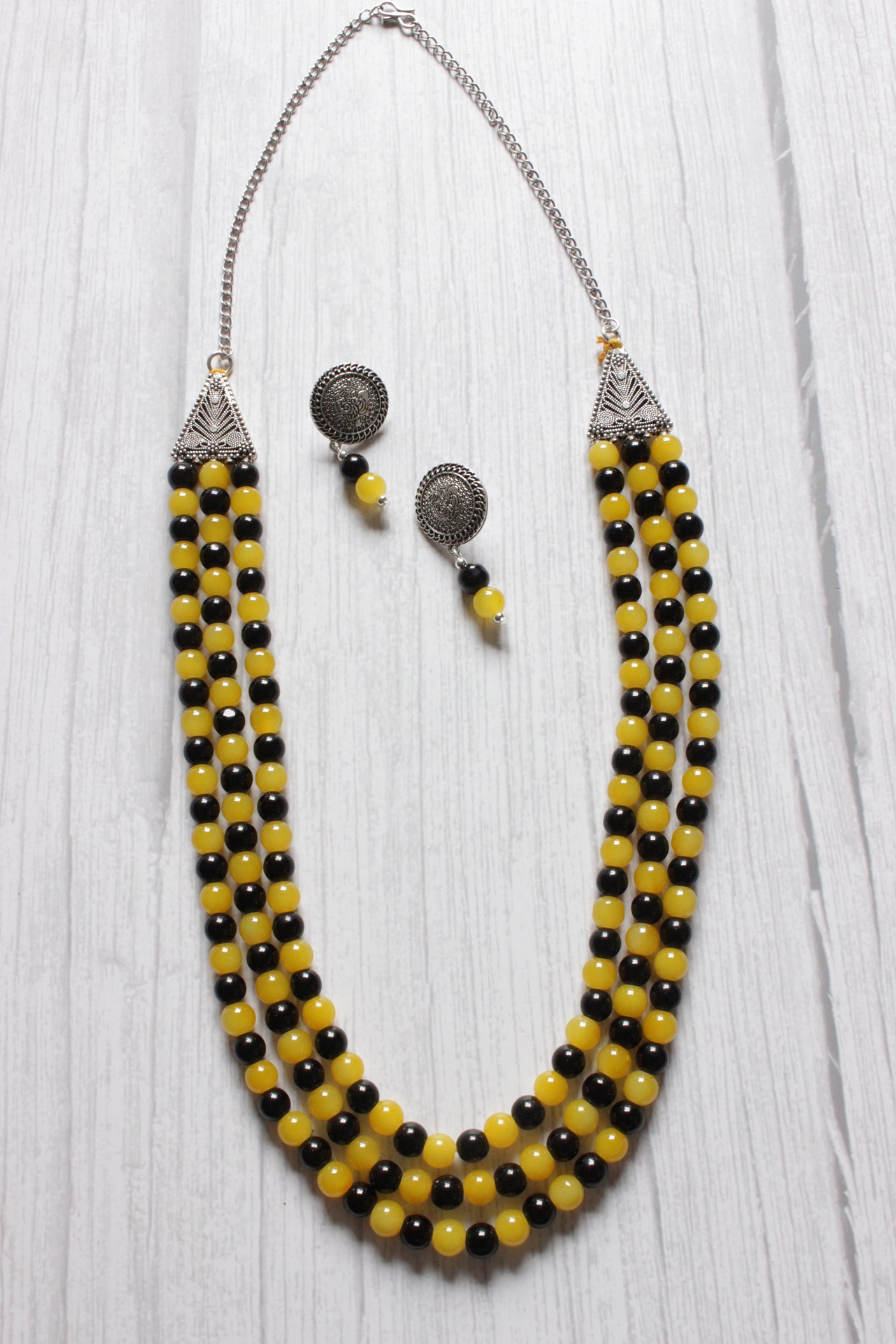 Black and Yellow Glass Beaded 3 Layer Necklace Set