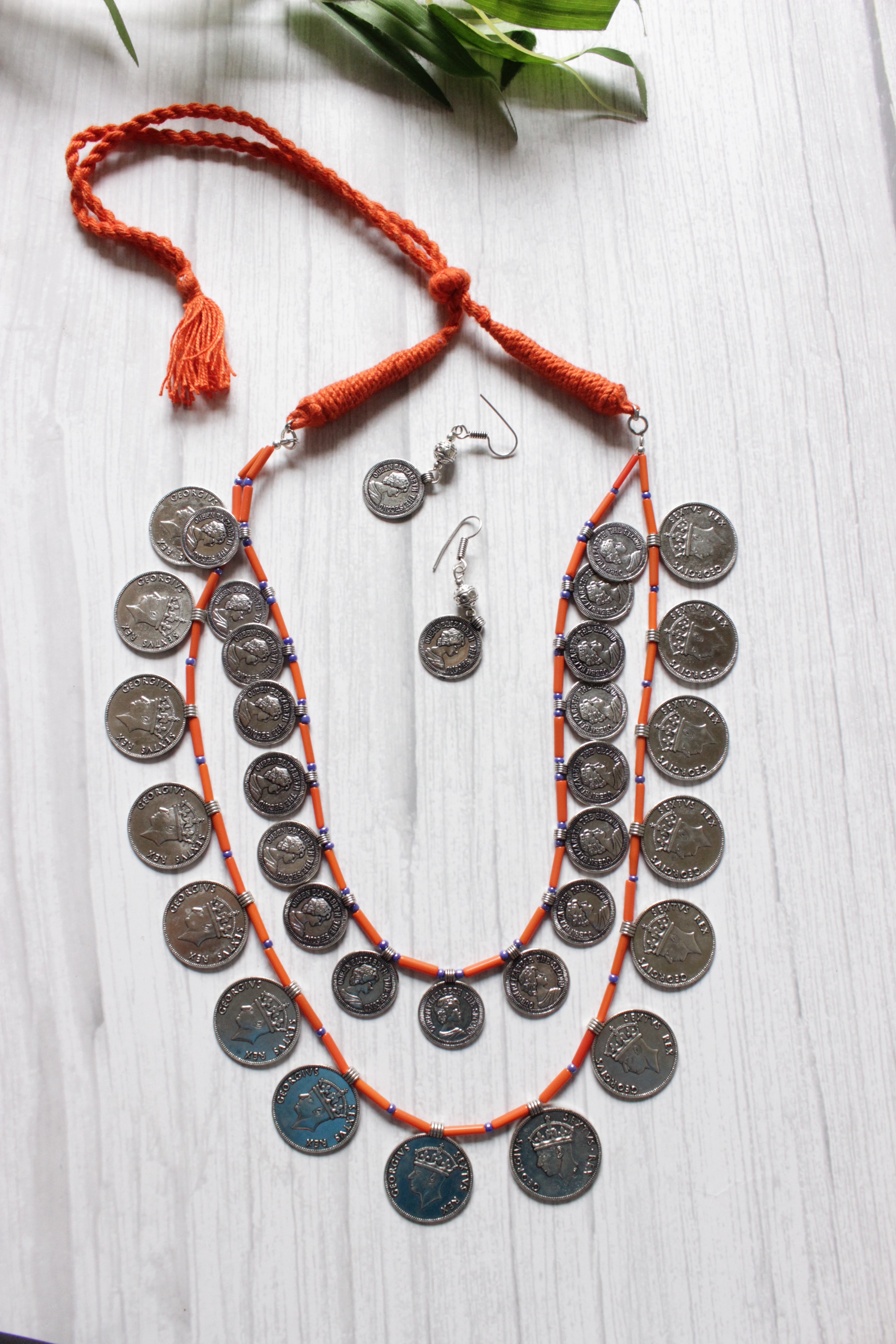 2 Layer Vintage Stamped Coins Necklace Set with Glass Beads