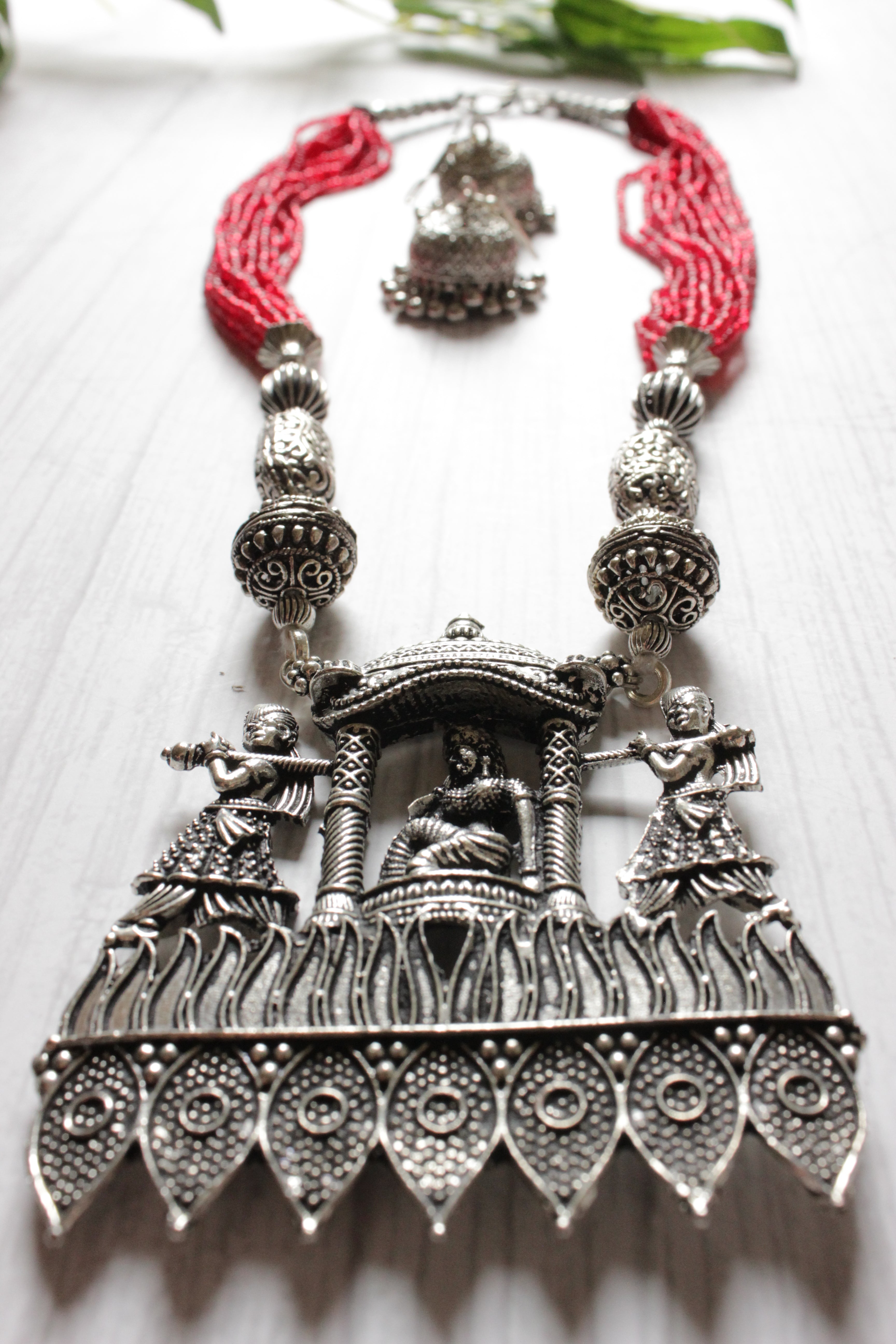 Multi Layer Red Beads Bride Palki Illustrated  Metal Pendant Necklace Set
