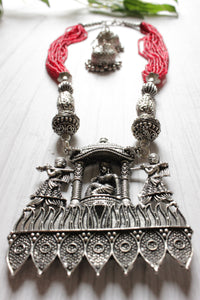 Multi Layer Red Beads Bride Palki Illustrated  Metal Pendant Necklace Set