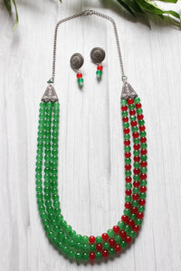 Red and Green Glass Beaded 3 Layer Necklace Set