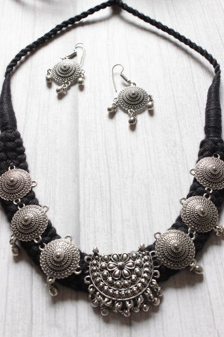 Black Thread Braided Metal Charms Embellished Choker Necklace Set