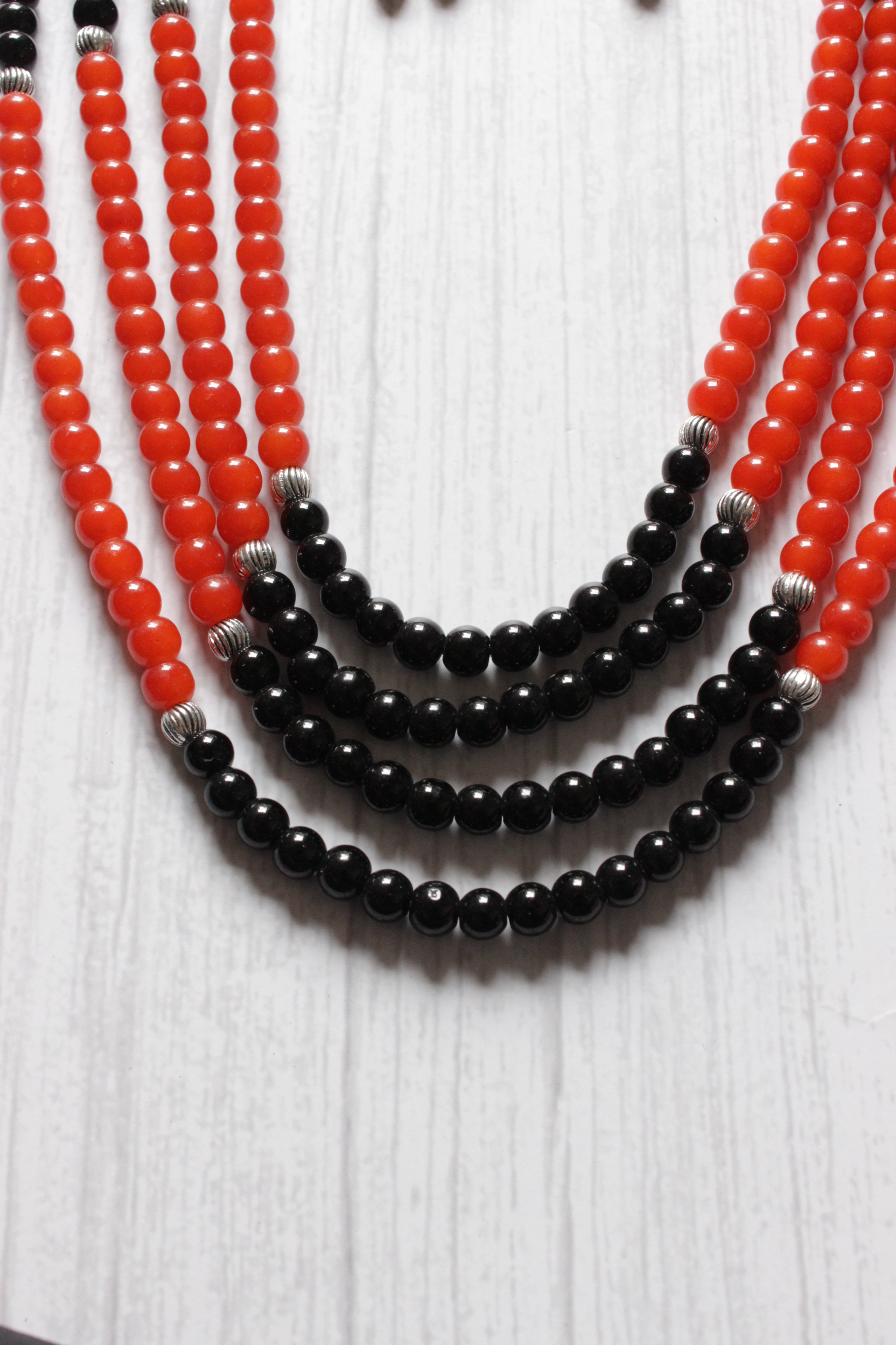 4 Layer Black and Orange Glass Beaded Necklace Set