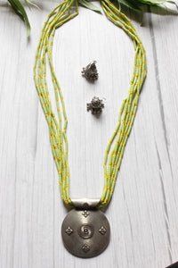 Green and Yellow Glass Beaded Warrior Pendant Necklace Set