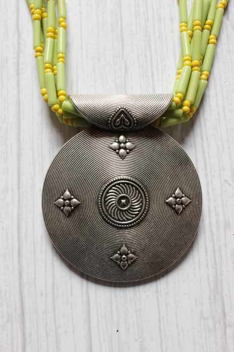 Green and Yellow Glass Beaded Warrior Pendant Necklace Set