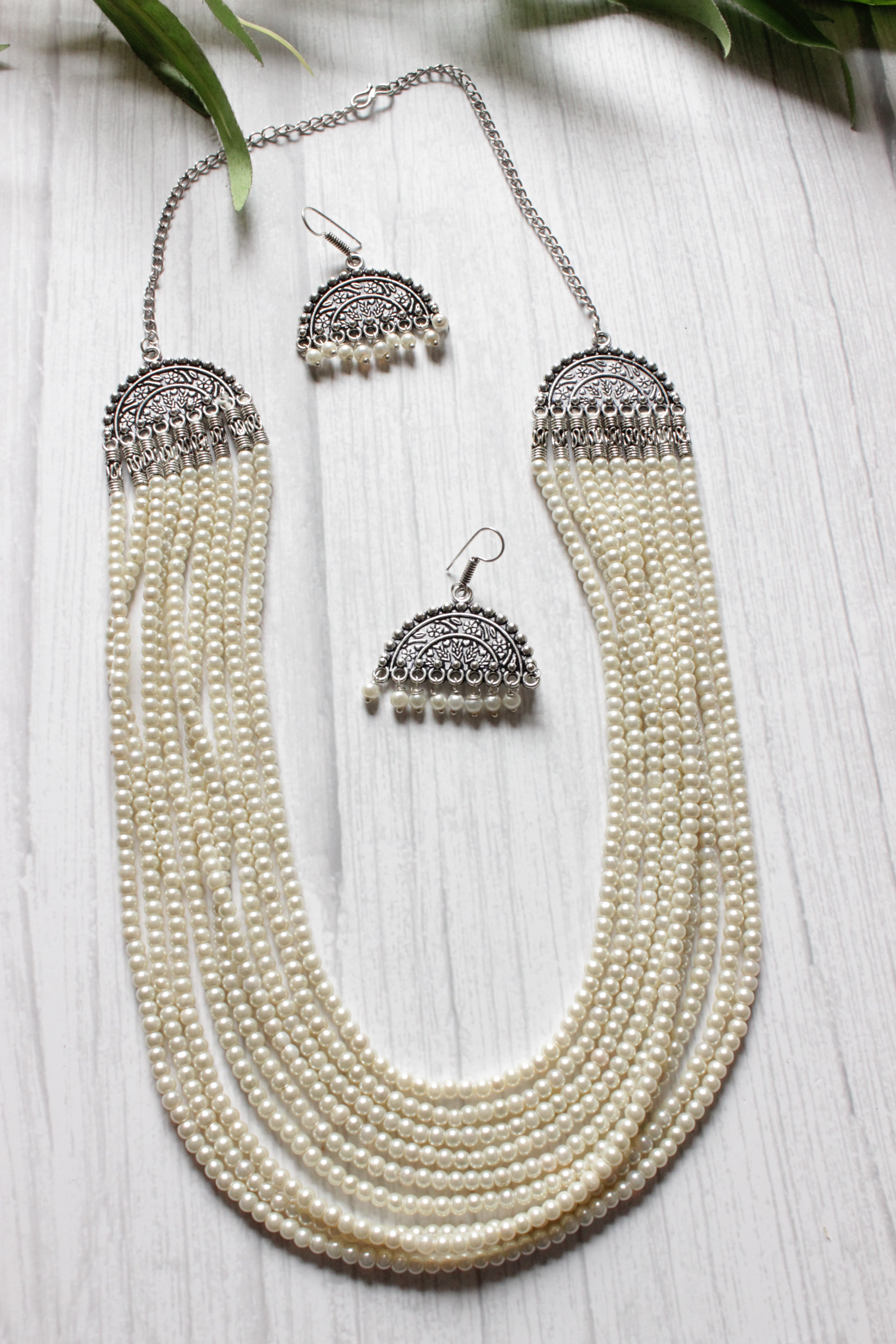 Multi layered White Pearl Beaded Necklace Set