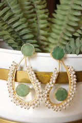 Sea Green Raw Natural Gemstones Embedded Gold Toned Brass Teardrop Shaped Earrings Accentuated with White Beads