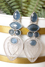 Load image into Gallery viewer, Blue Onyx Natural  Gemstones Embedded Paan Motif Silver Finish Brass Dangler Earrings
