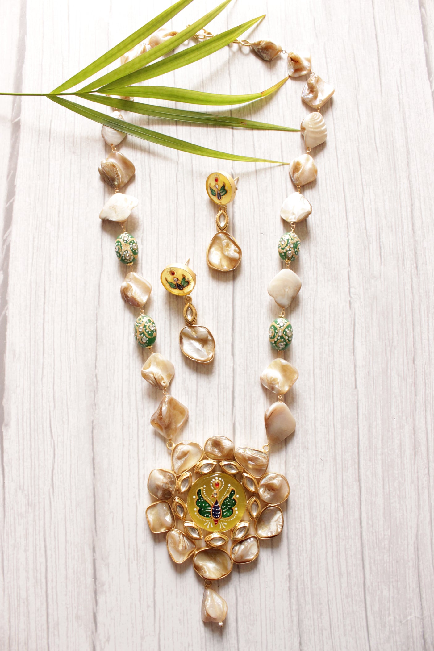 Baroque Pearl Natural Gemstones Embedded Statement Meenakari Work and Kundan Stones Pendant Elaborate Ethnic Necklace Set